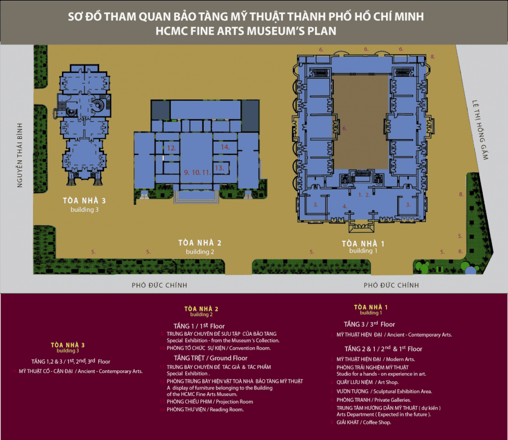 A layout map of the exhibition areas and galleries at the Ho Chi Minh City Museum of Fine Arts to help visitors navigate the museum easily (Source: Bảo tàng mỹ thuật TPHCM)